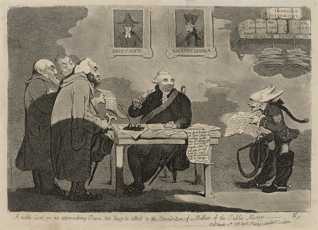 Een Edel Heer over een naderende Vrede te druk om zich bezig te houden met de uitgave van een miljoen van het publieke geld [verso] door James Gillray