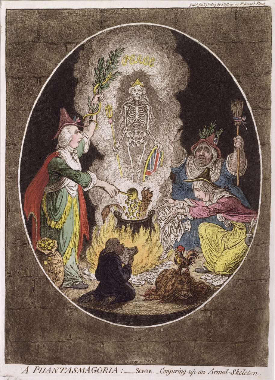 Een fantasmagorie; - Scène - Een gewapend skelet tevoorschijn toveren door James Gillray