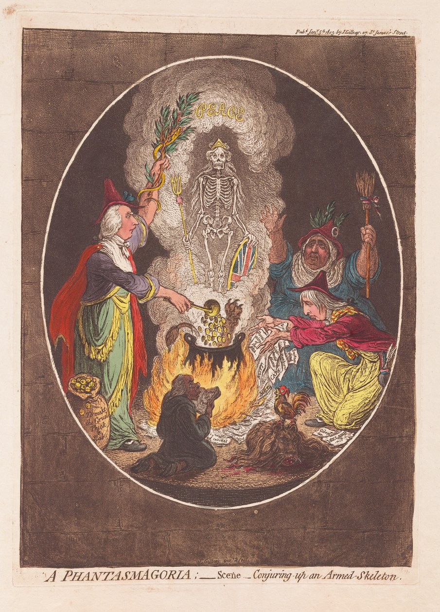 Een Phantasmagoria: Scène - Het Oproepen van een Gewapend Skelet, pub. 1803 door James Gillray