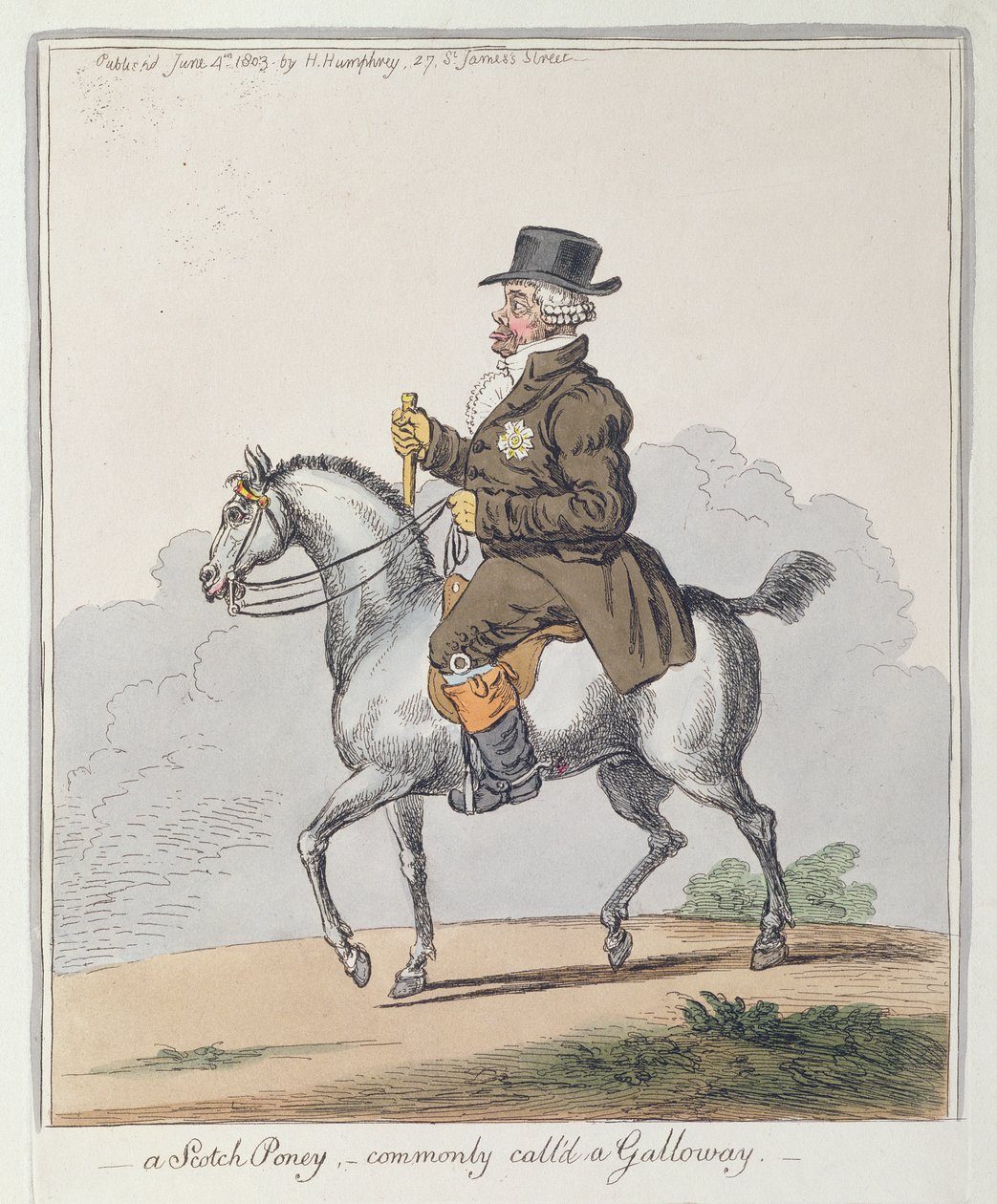 Een Schotse Pony, gewoonlijk een Galloway genoemd, uitgegeven door Hannah Humphrey in 1803 door James Gillray