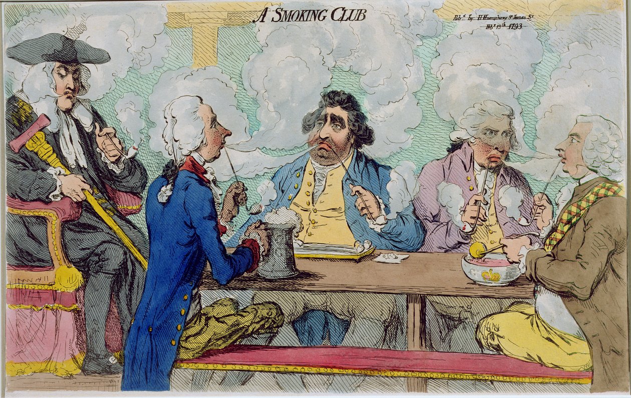 Een Rookclub, uitgegeven door Hannah Humphrey in 1793 door James Gillray