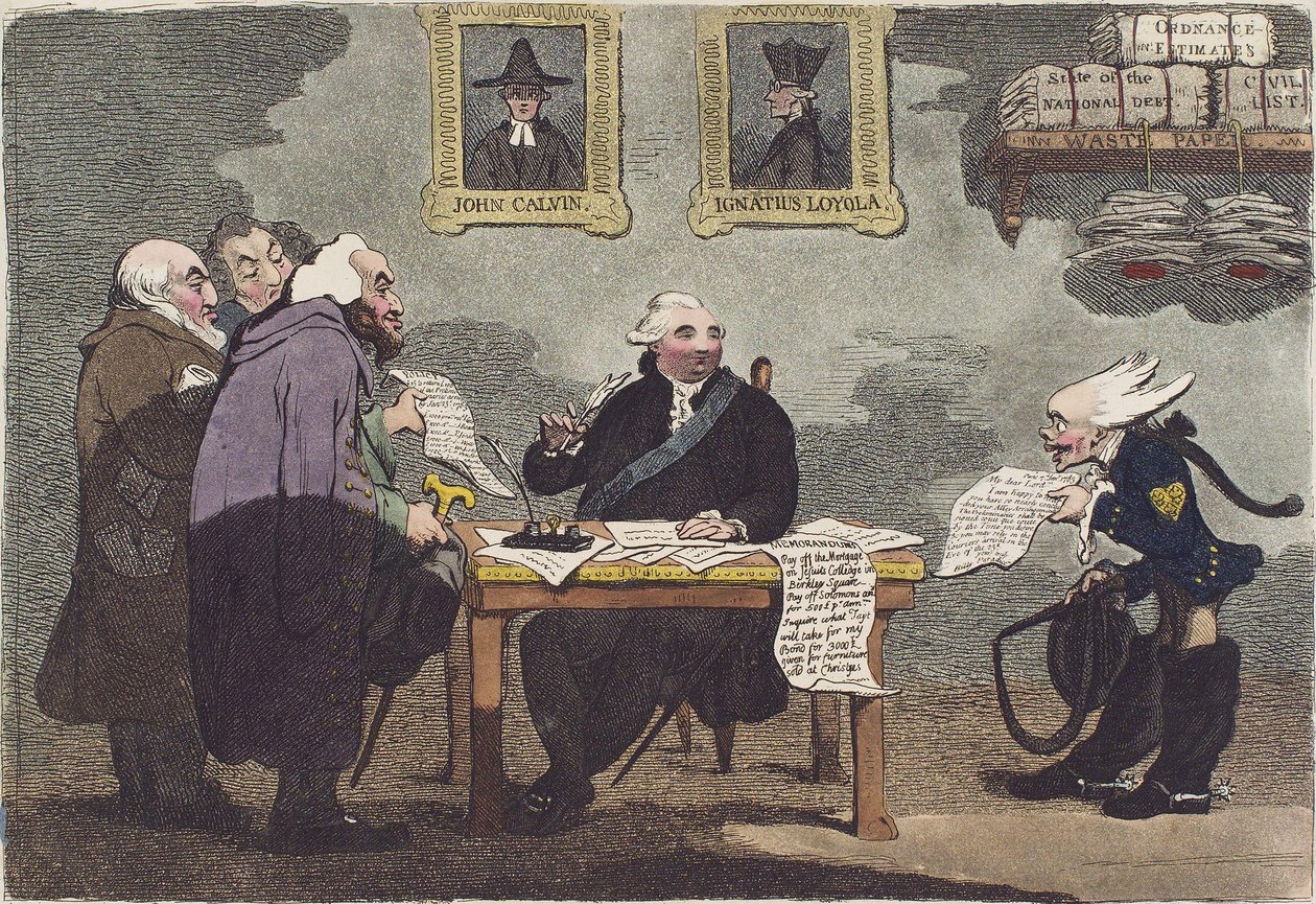 Een edelachtbare, over een naderende vrede, te druk om de uitgaven van een miljoen van het overheidsgeld bij te wonen door James Gillray (bijgesneden) door James Gillray