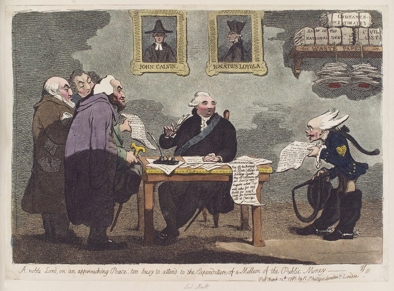 Een edelachtbare, over een naderende vrede, te druk met het bijwonen van de uitgaven van een miljoen van het overheidsgeld door James Gillray door James Gillray