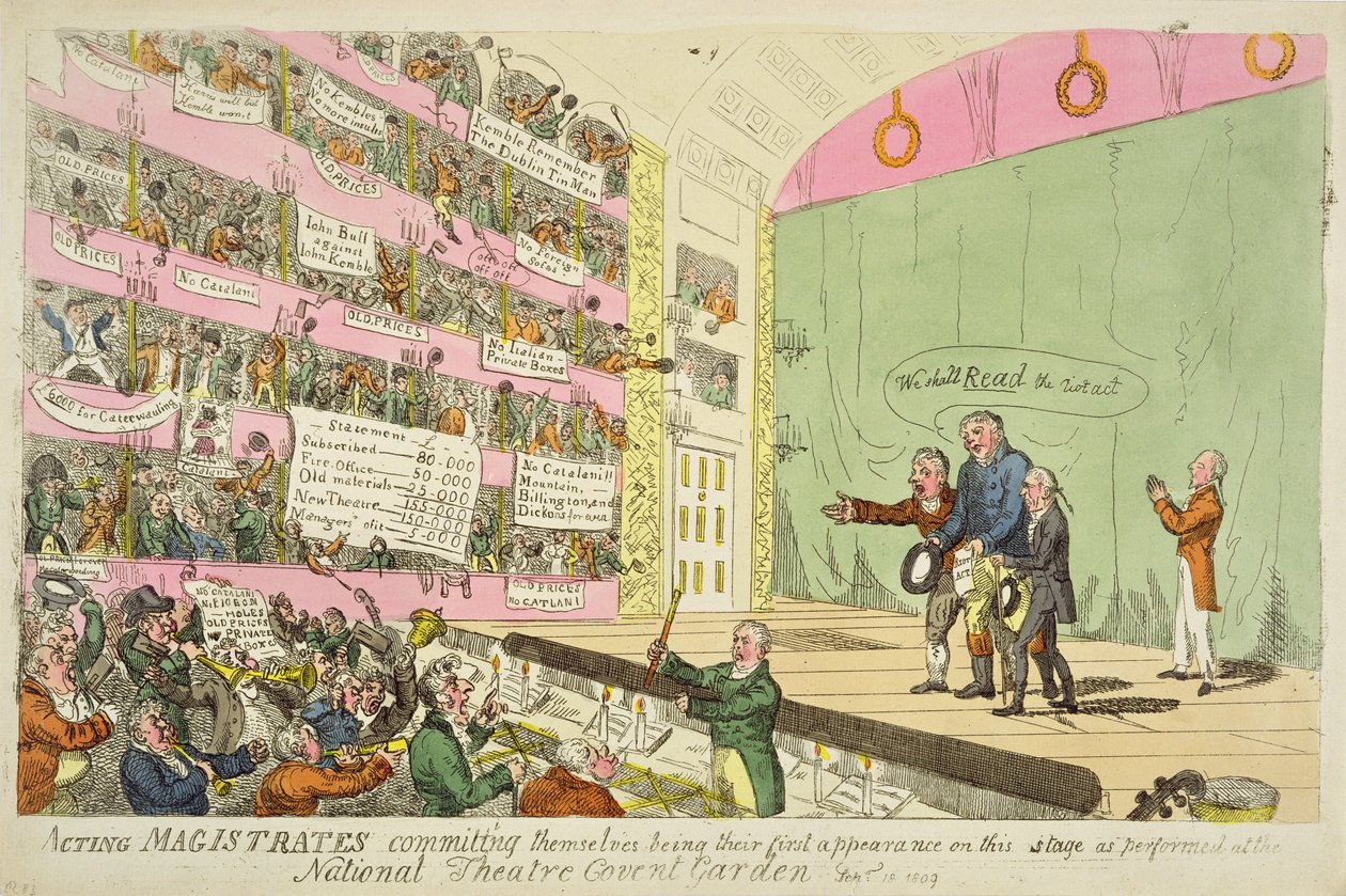 Optredende magistraten die zichzelf inzetten, hun eerste optreden in het National Theatre Covent Garden door James Gillray