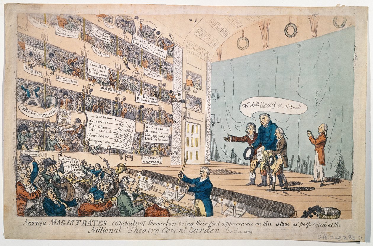 Acterende magistraten die zichzelf toewijden, hun eerste optreden zoals uitgevoerd in het National Theatre Covent Garden, gepubliceerd in 1809 door James Gillray