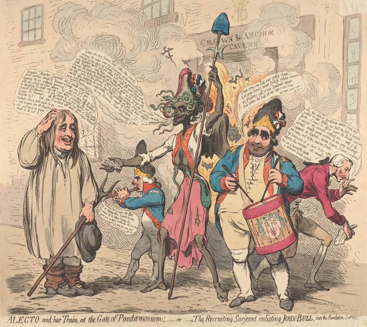 Alecto en haar gevolg, bij de poort van het Pandemonium - of - De wervende sergeant die John Bull inlijft voor de revolutionaire dienst door James Gillray