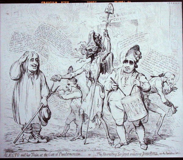 Alecto en haar gevolg bij de poort van Pandemonium, of De wervingssergeant die John Bull in dienst neemt voor de revolutiedienst, uitgegeven door S.W. Fores in 1791 door James Gillray