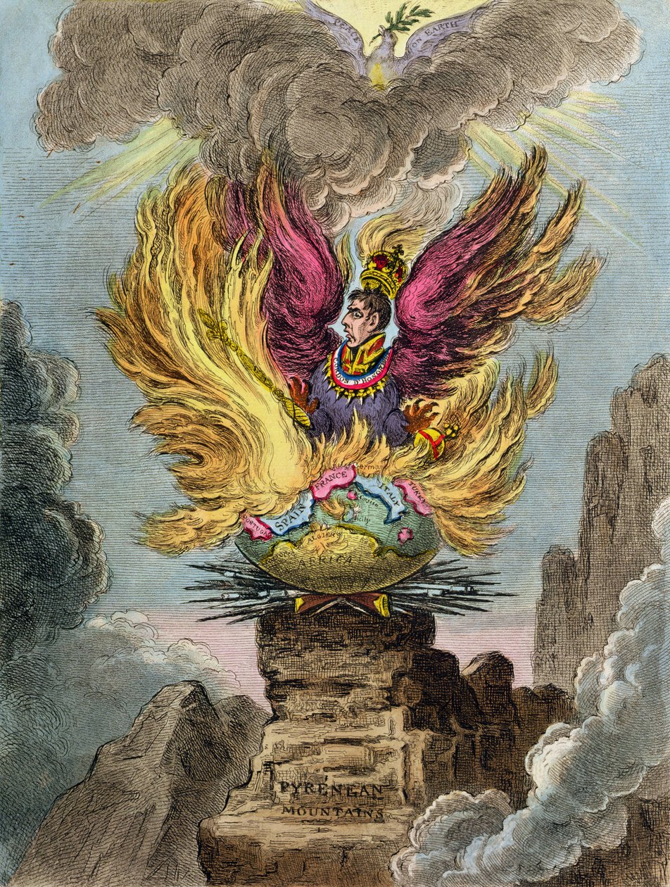 Apotheose van de Corsicaanse Feniks, gepubliceerd door Hannah Humphrey in 1808 door James Gillray