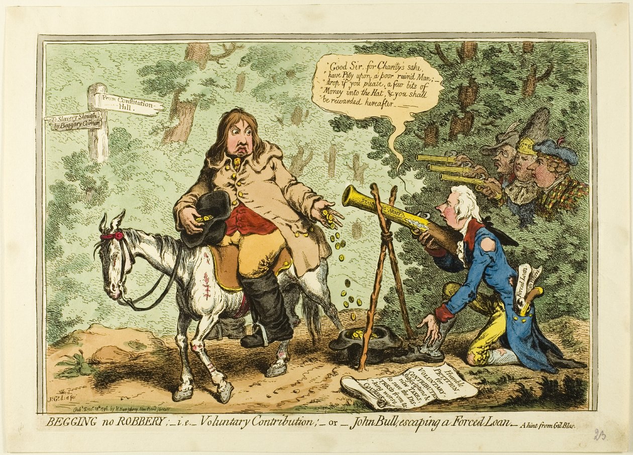 Bedelen geen roof; d.w.z. vrijwillige bijdrage, of John Bull die ontsnapt aan een gedwongen lening door James Gillray