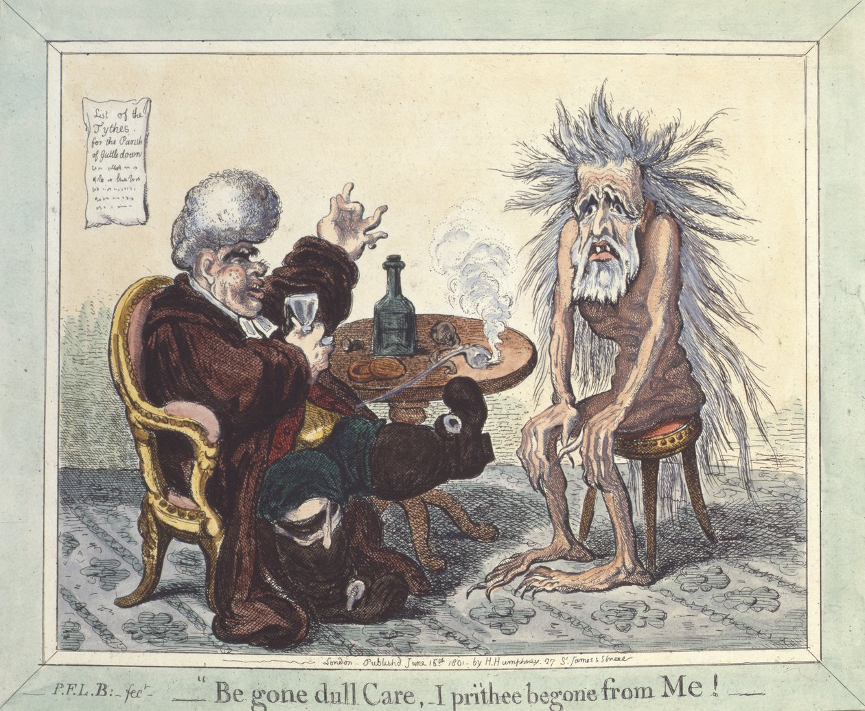 "Weg met saaie zorg, ik smeek je weg van mij", 1801 door James Gillray