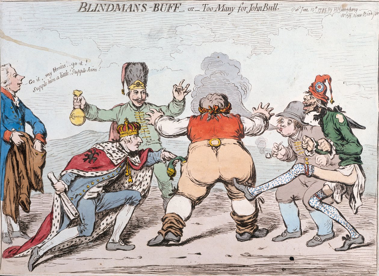 Blindemannetje, of Te Veel voor John Bull, gepubliceerd door Hannah Humphrey in 1795 door James Gillray