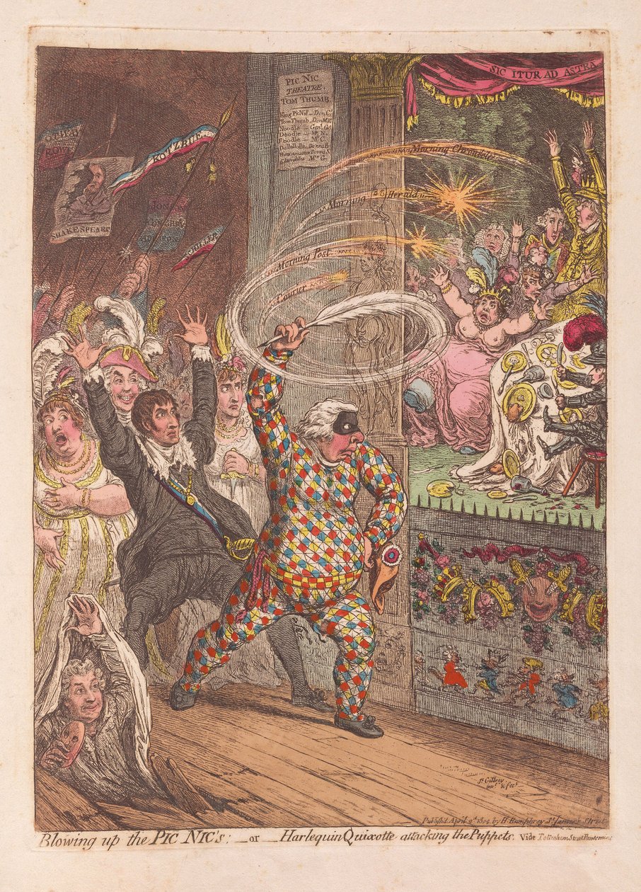 Het Opblazen van de Pic Nics of Harlekijn Quixotte die de Poppen aanvalt, uitgegeven 1804 door James Gillray