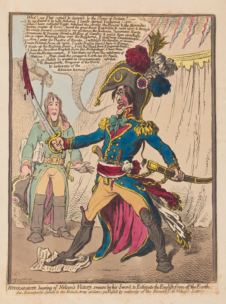 Bonaparte die hoort van Nelsons overwinning zweert bij zijn zwaard om de Engelsen van de aarde te verdrijven, uitgegeven 1798 door James Gillray