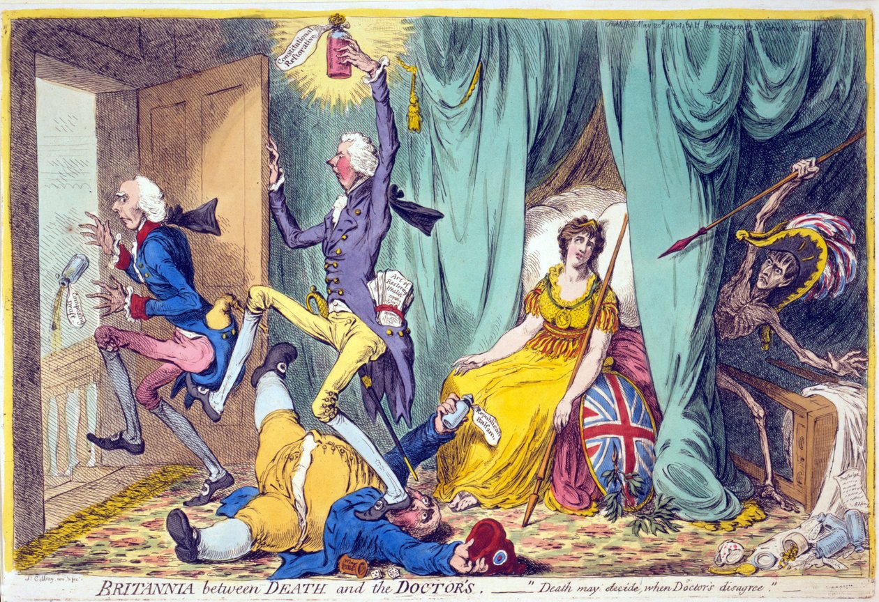 Britannia tussen de dood en de dokters, gepubliceerd door Hannah Humphrey, 20 mei 1804 door James Gillray