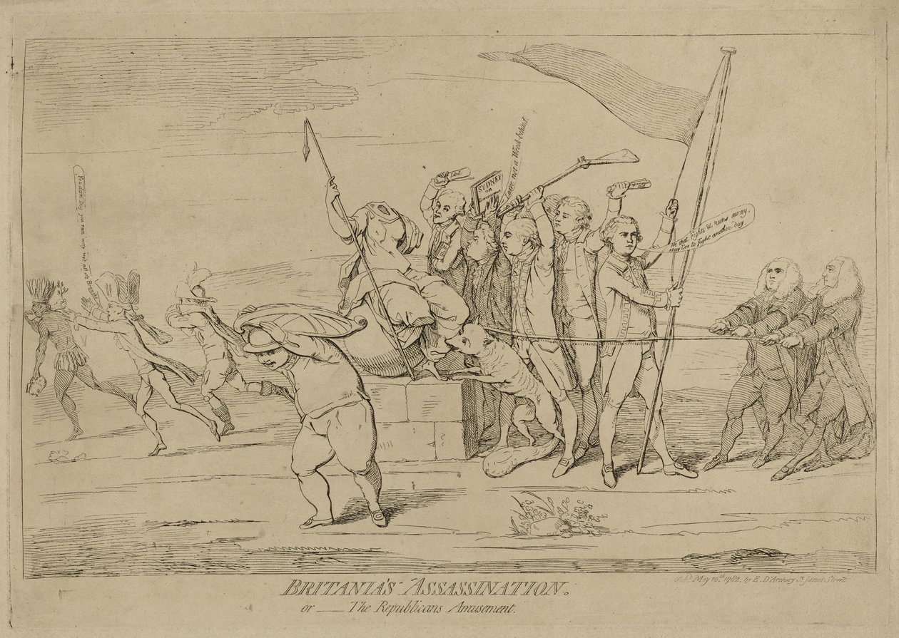 De moord op Britannia of Het vermaak van de republikeinen, gepubliceerd op 10 mei 1782 door James Gillray