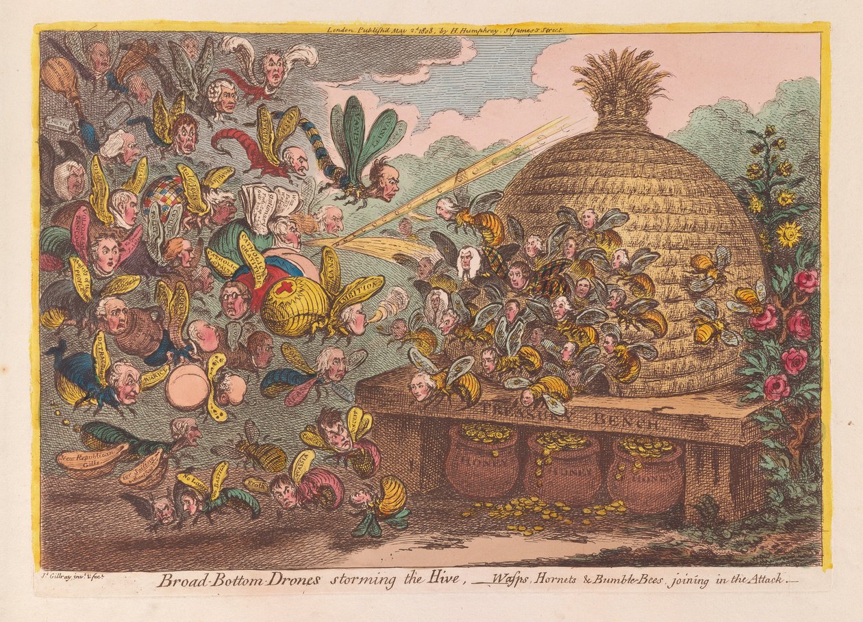 Broad Bottom Drones bestormen de Bijenkorf: Wespen, Horzels en Hommels vallen aan door James Gillray