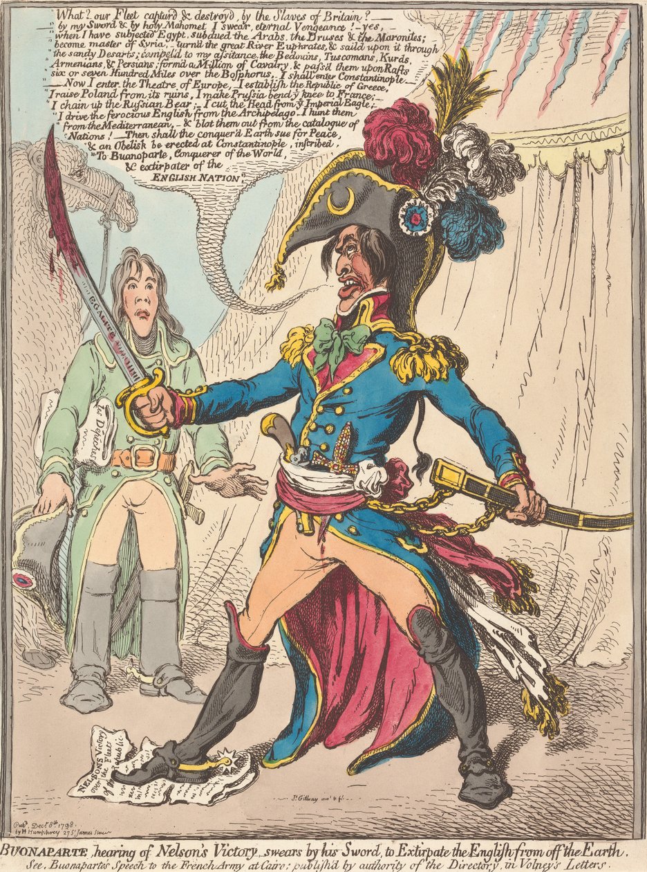 Buonaparte, die hoort van Nelsons overwinning, zweert bij zijn zwaard de Engelsen van de aardbodem te verdelgen (uit: Karikatuur, deel 1) door James Gillray