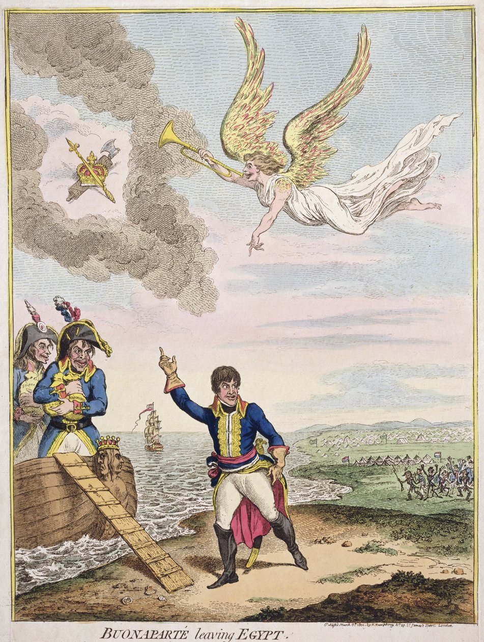 Buonaparte verlaat Egypte, uitgegeven door Hannah Humphrey in 1800 (handgekleurde ets) door James Gillray