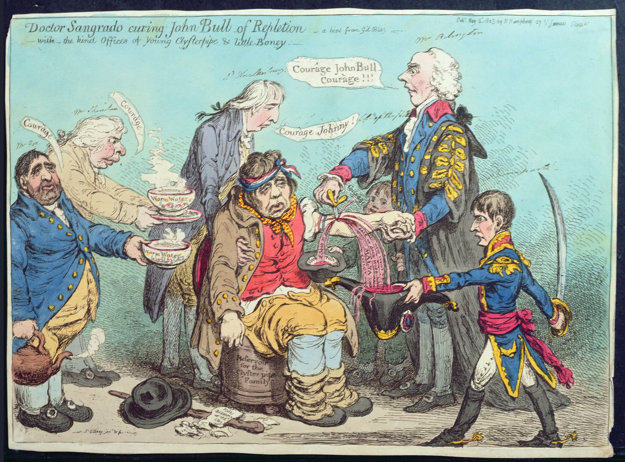 Dr. Sangrado geneest John Bull van Repletie, gepubliceerd door Hannah Humphrey in 1803 (handgekleurde ets) door James Gillray