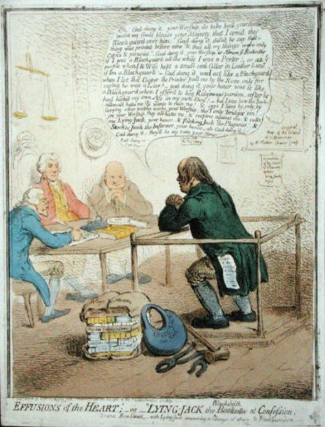 Uitstortingen van het hart, of Liegende Jack de smid bij de biecht, gepubliceerd door Hannah Humphrey in 1795 voor de Filantropische Vereniging door James Gillray