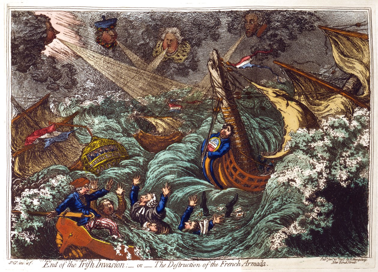 Einde van de Ierse invasie - of - De vernietiging van de Franse Armada, James Gillray 1797. Franse schepen verwoest in storm opgeblazen door Pitt, linksboven en zijn ministers. Charles James Fox en zijn oppositiebondgenoten in gevaar van verdrinking. door James Gillray