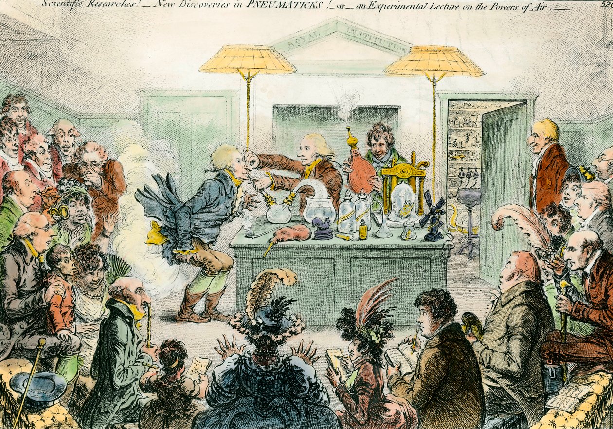 Engelse satire op wetenschap: nieuwe ontdekkingen in pneumatische materialen door James Gillray