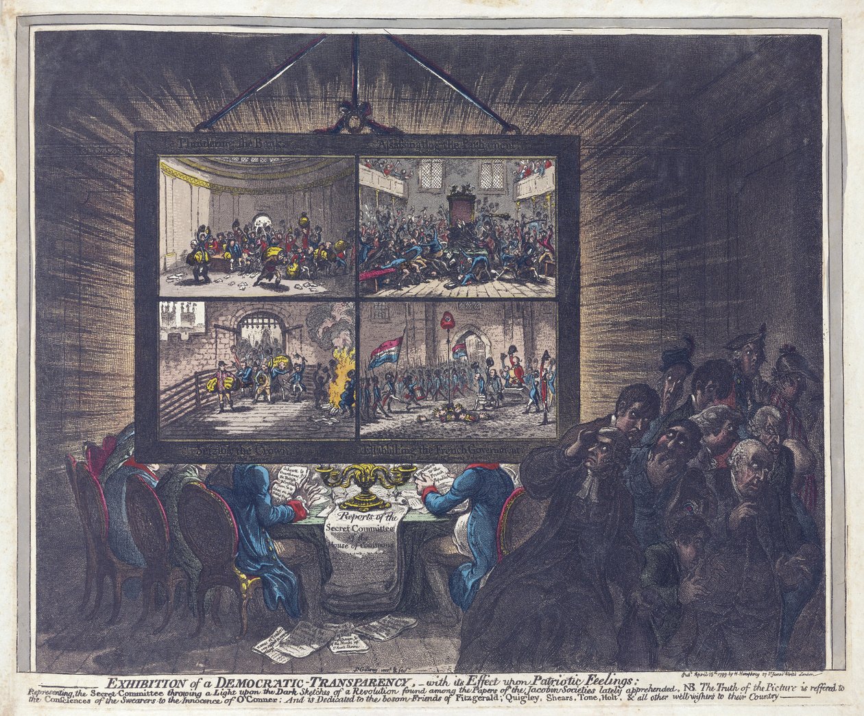 Tentoonstelling van een democratische transparantie, met zijn effect op patriottische gevoelens door James Gillray
