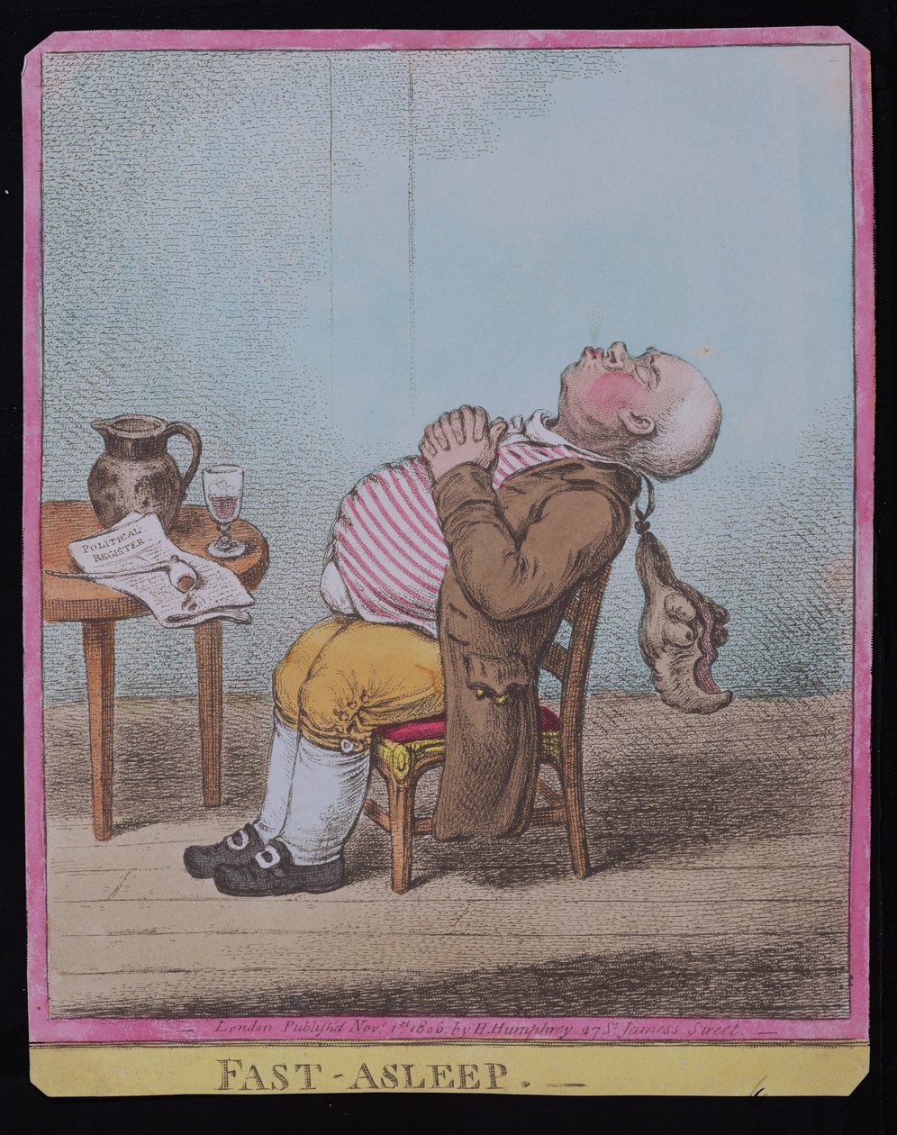Vast in Slaap, gepubliceerd door Hannah Humphrey in 1806 door James Gillray