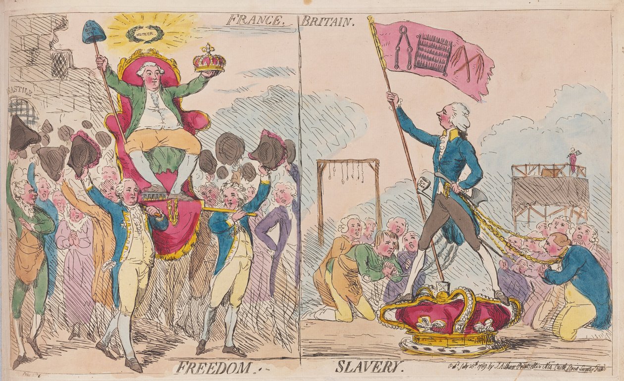 Frankrijk Vrijheid, Groot-Brittannië Slavernij, uitgegeven 1789 (handgekleurde gravure) door James Gillray
