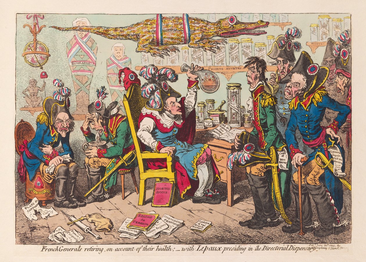 Franse generaals met pensioen vanwege hun gezondheid: met Lepaux die voorzit in de Directorial Dispensary, uitgegeven 1799 door James Gillray
