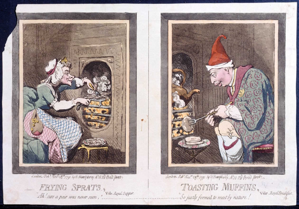 Sprats bakken, of koninklijk avondmaal, en muffins roosteren, of koninklijk ontbijt, gepubliceerd door Hannah Humphrey in 1791 (handgekleurde ets) door James Gillray