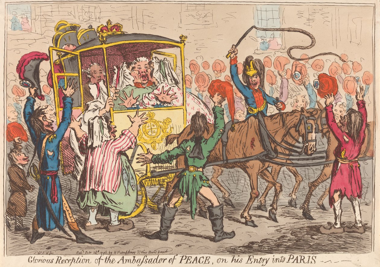 Glorieuze ontvangst van de ambassadeur van de vrede bij zijn intocht in Parijs door James Gillray