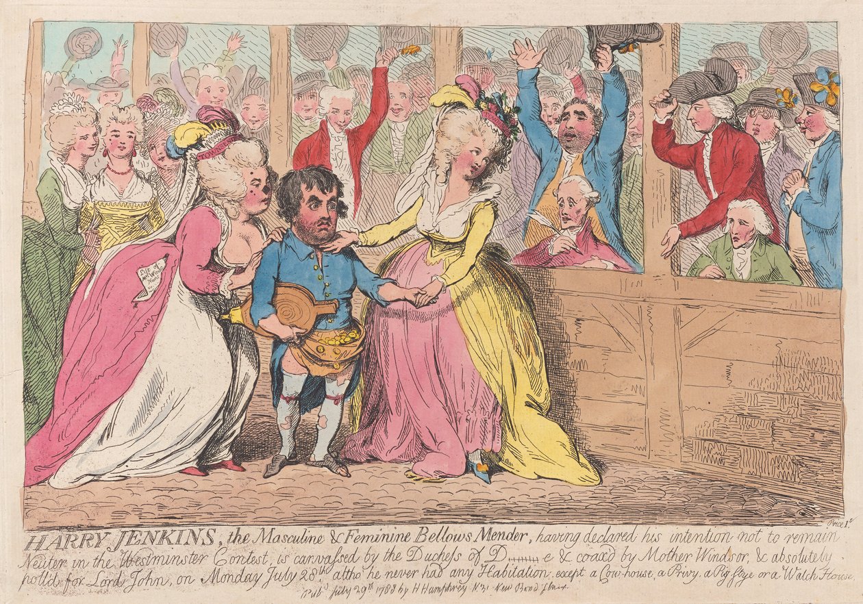 Harry Jenkins, de mannelijke en vrouwelijke blaasbalgreparateur, uitgegeven 1788 door James Gillray