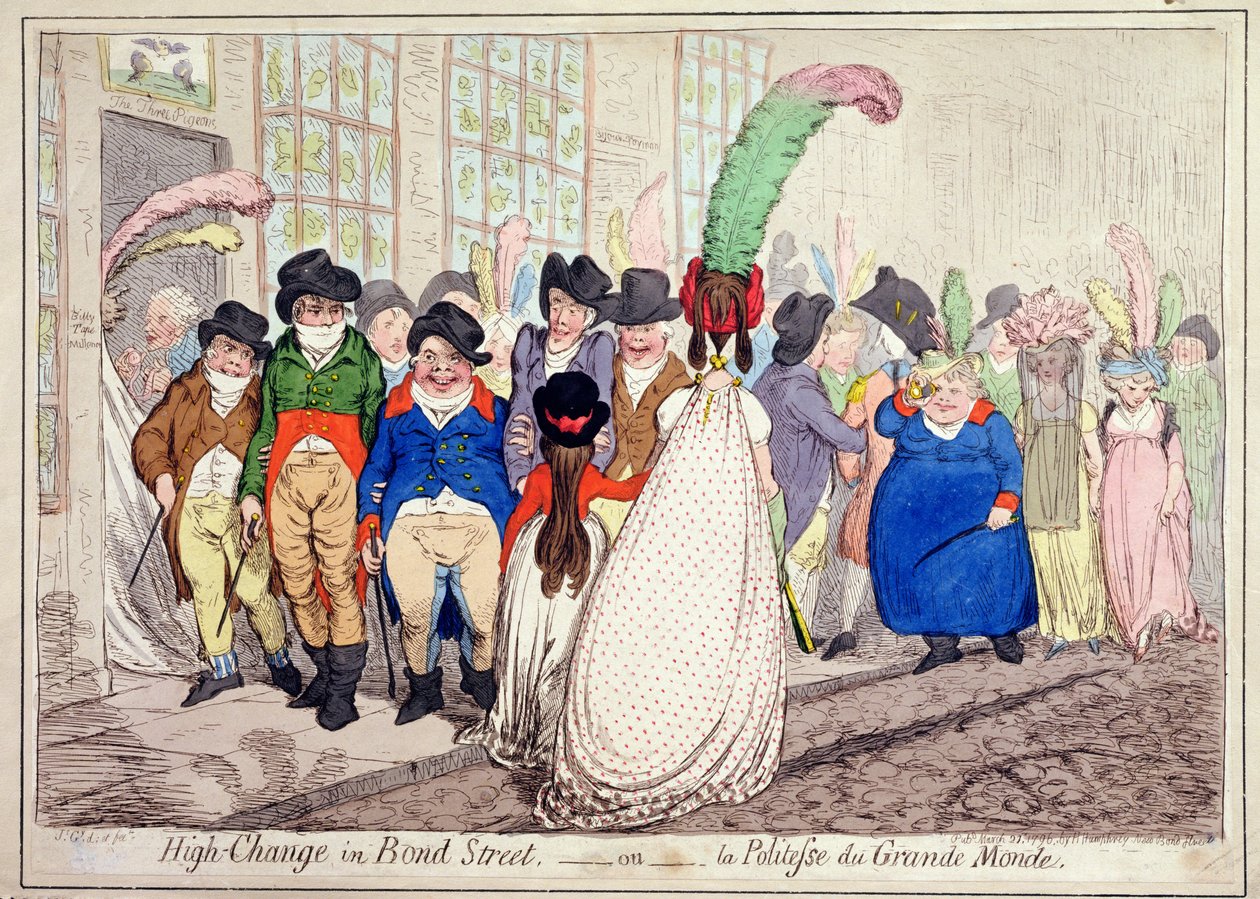 High Change in Bond Street, of La Politesse du Grande Monde, uitgegeven door Hannah Humphrey in 1796 door James Gillray