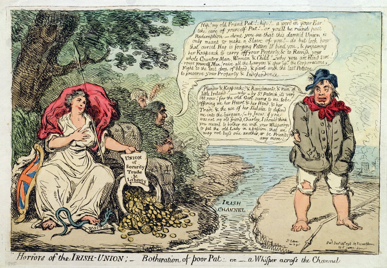 Verschrikkingen van de Ierse Unie: Last van Arme Pat, of Een Fluistering over het Kanaal, gepubliceerd door Hannah Humphrey door James Gillray