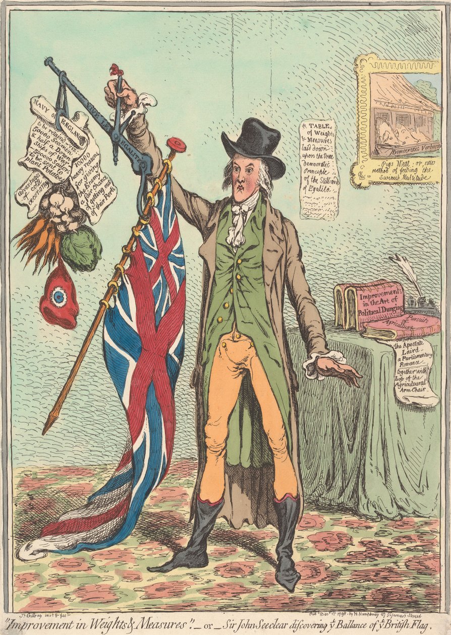 Verbeteringen op het gebied van maten en gewichten. – of – „Sir John Seeclear ontdekt de juiste balans van elke vlag“ (uit: Caricature, deel 1) door James Gillray