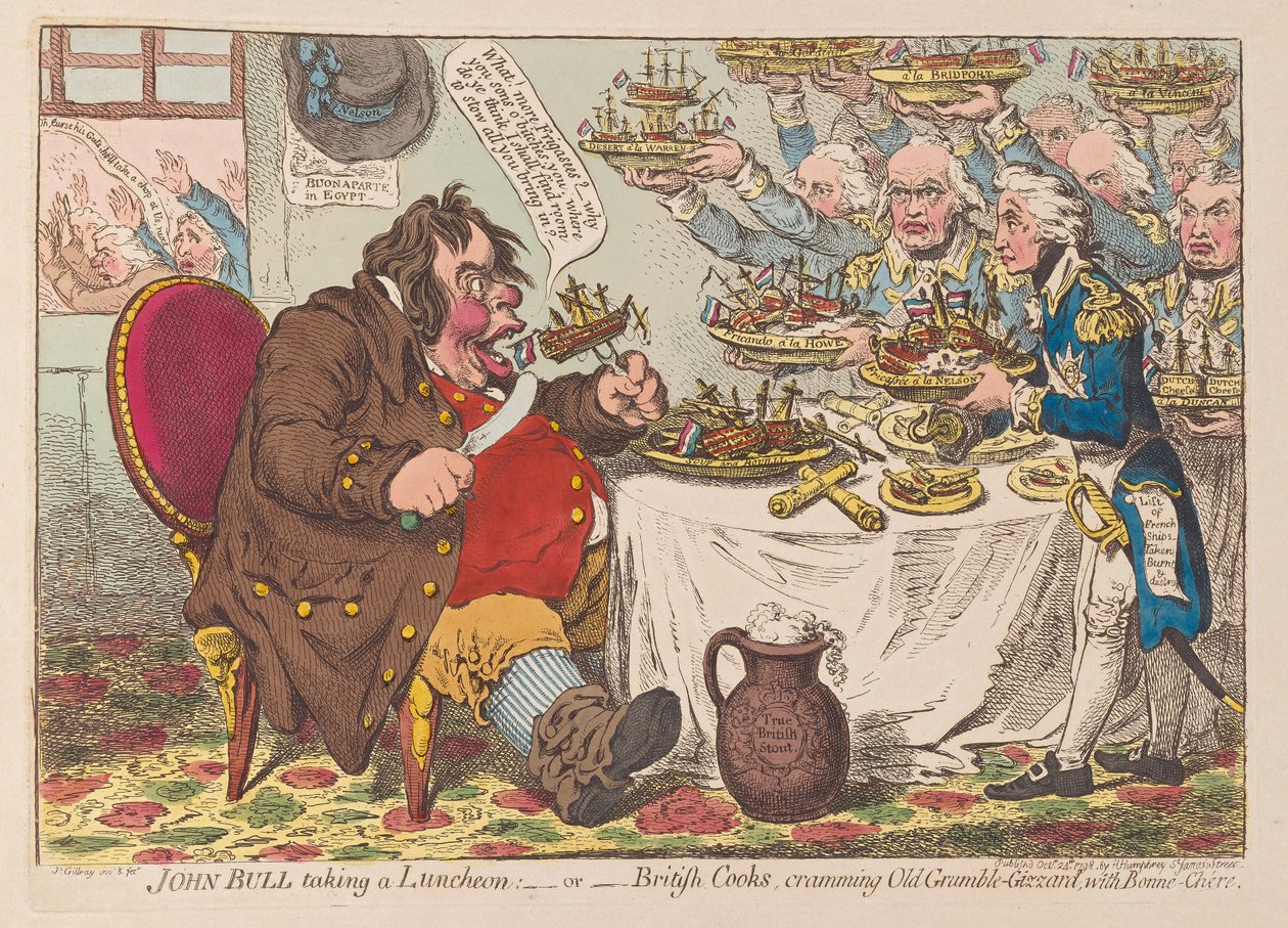 John Bull luncht of Britse koks die Old Grumble Gizzard volstoppen met Bonne Chere, uitgegeven 1798 door James Gillray