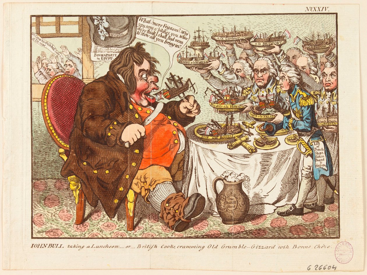 John Bull tijdens de lunch: of Britse koks die Old Grumble-Gizzard volproppen met Bonne Chere door James Gillray