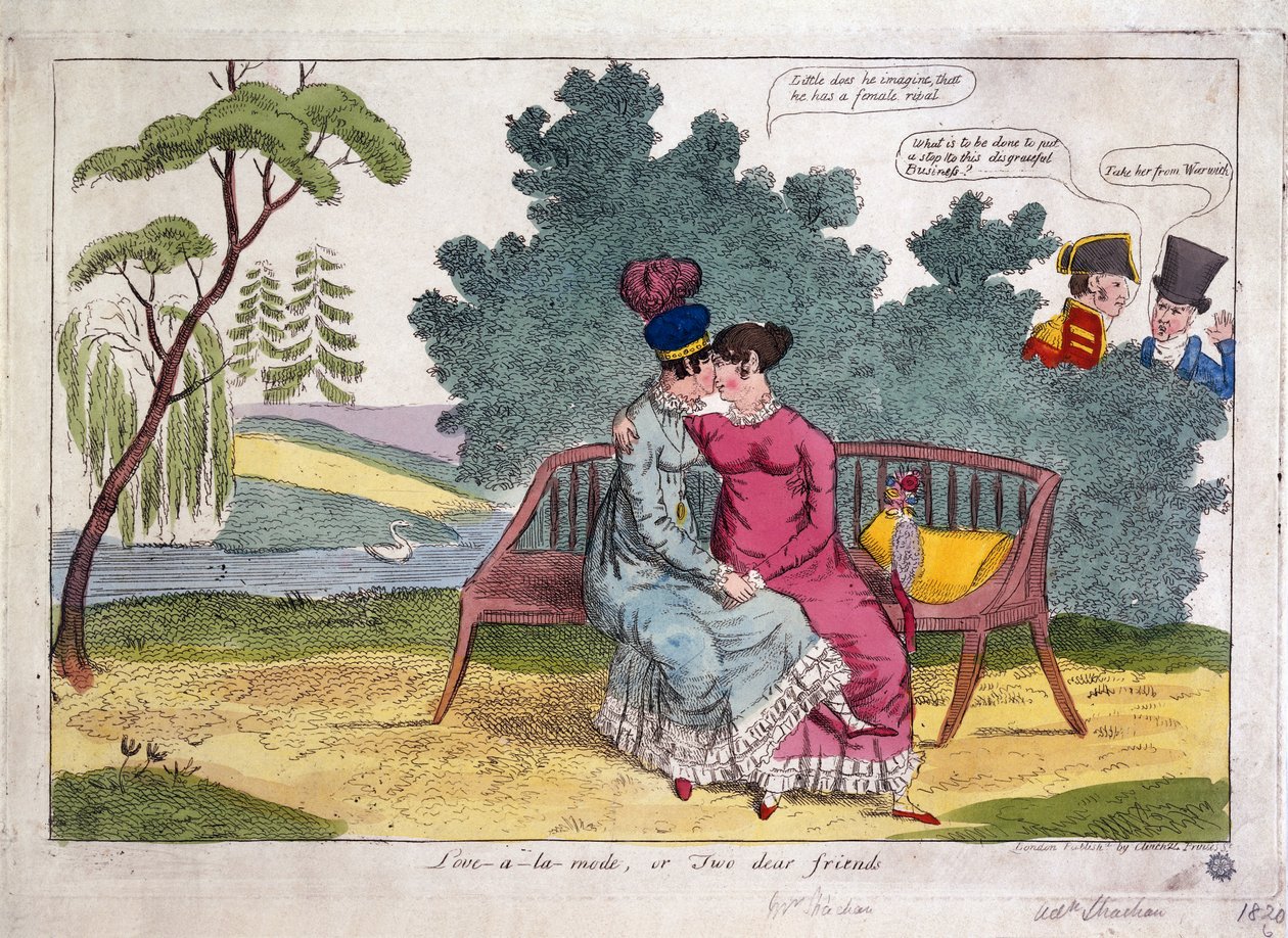 Lady Strachan en Lady Warwick vrijen in een park, terwijl hun echtgenoten afkeurend toekijken. door James Gillray
