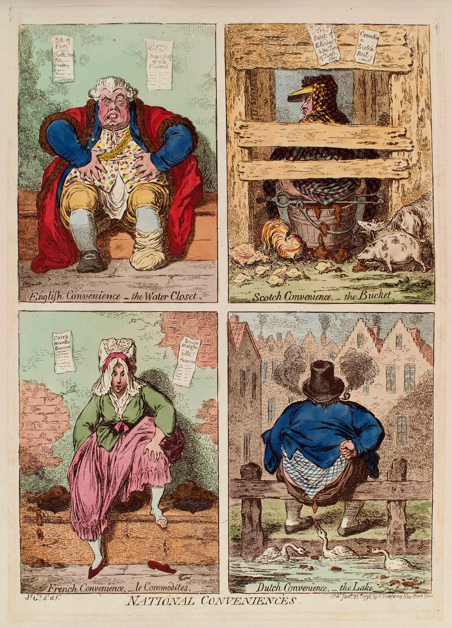 Nationale gemakken. (beschrijving en vergelijking van toiletten in Engeland, Schotland, Frankrijk en Nederland). Werk van James Gillray, gravure en aquarel door James Gillray