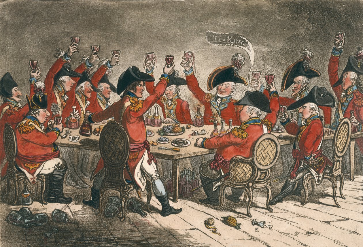 Loyale Zielen, of Een Glimp in de Mess Room bij St. James, gepubliceerd door Hannah Humphrey in 1797 door James Gillray