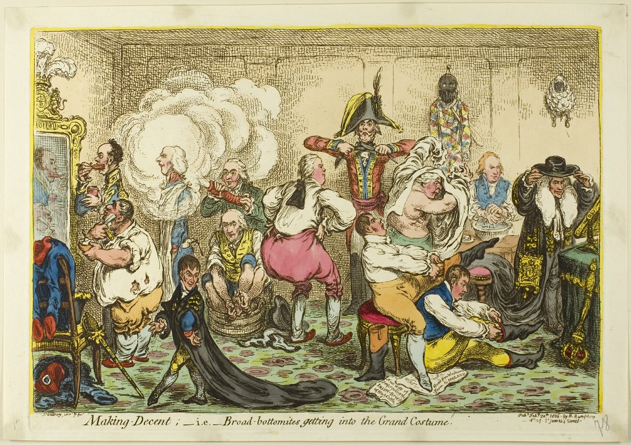 Fatsoenlijk maken; d.w.z. breed-benen in het grote kostuum krijgen door James Gillray