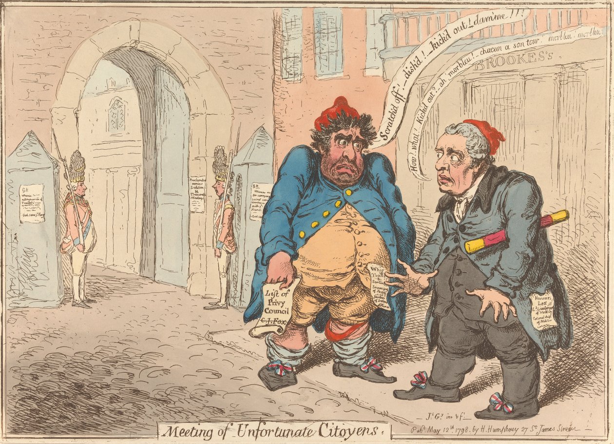 Ontmoeting van ongelukkige burgers. „Ontzetting van twee in ongenade gevallen patriotten“ door James Gillray
