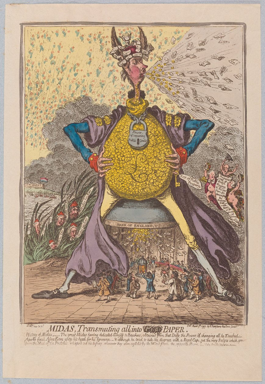 Midas, alles in [goud] papier veranderend, uitgegeven 1797 door James Gillray