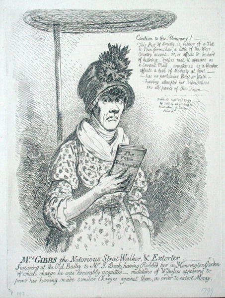 Mevrouw Gibbs, de beruchte straatwandelaarster en afperser door James Gillray