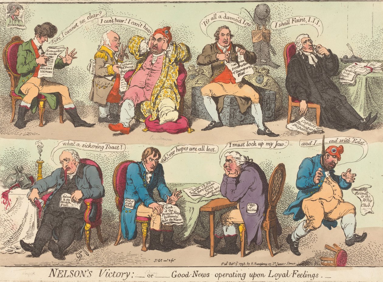Nelsons overwinning: - of - Goed nieuws dat een beroep doet op loyale gevoelens door James Gillray