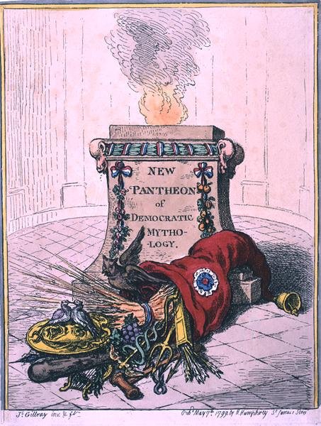 Nieuw Pantheon van Democratische Mythologie, gepubliceerd door Hannah Humphrey in 1799 (handgekleurde ets) door James Gillray