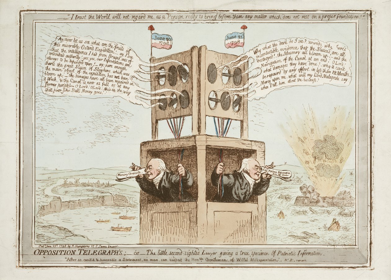 Oppositie Telegrafen, of De Kleine Tweedeziende Advocaat Geeft een Waar Voorbeeld van Patriottische Informatie, 21 juni 1798 door James Gillray
