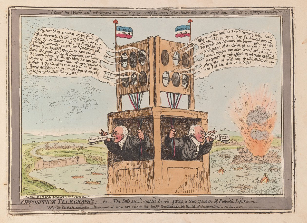 Oppositie telegrafen, of de kleine helderziende advocaat die een waar patriottisch voorbeeld geeft, uitgegeven 1798 door James Gillray