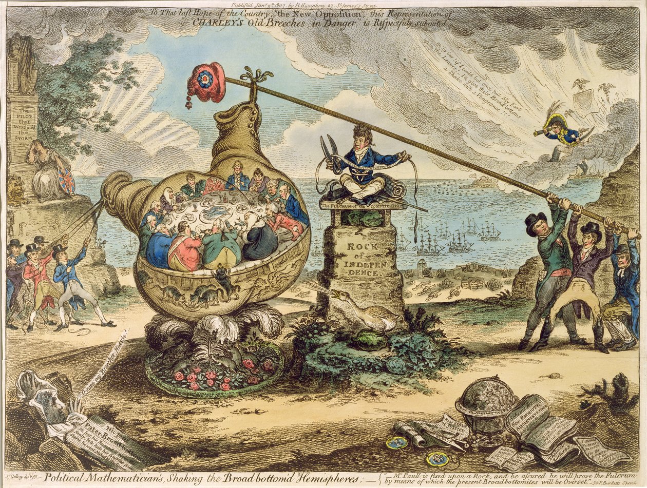 Politieke Wiskundigen die de Breedbodemige Hemisfeer Schudden, gepubliceerd door Hannah Humphrey in 1807 door James Gillray